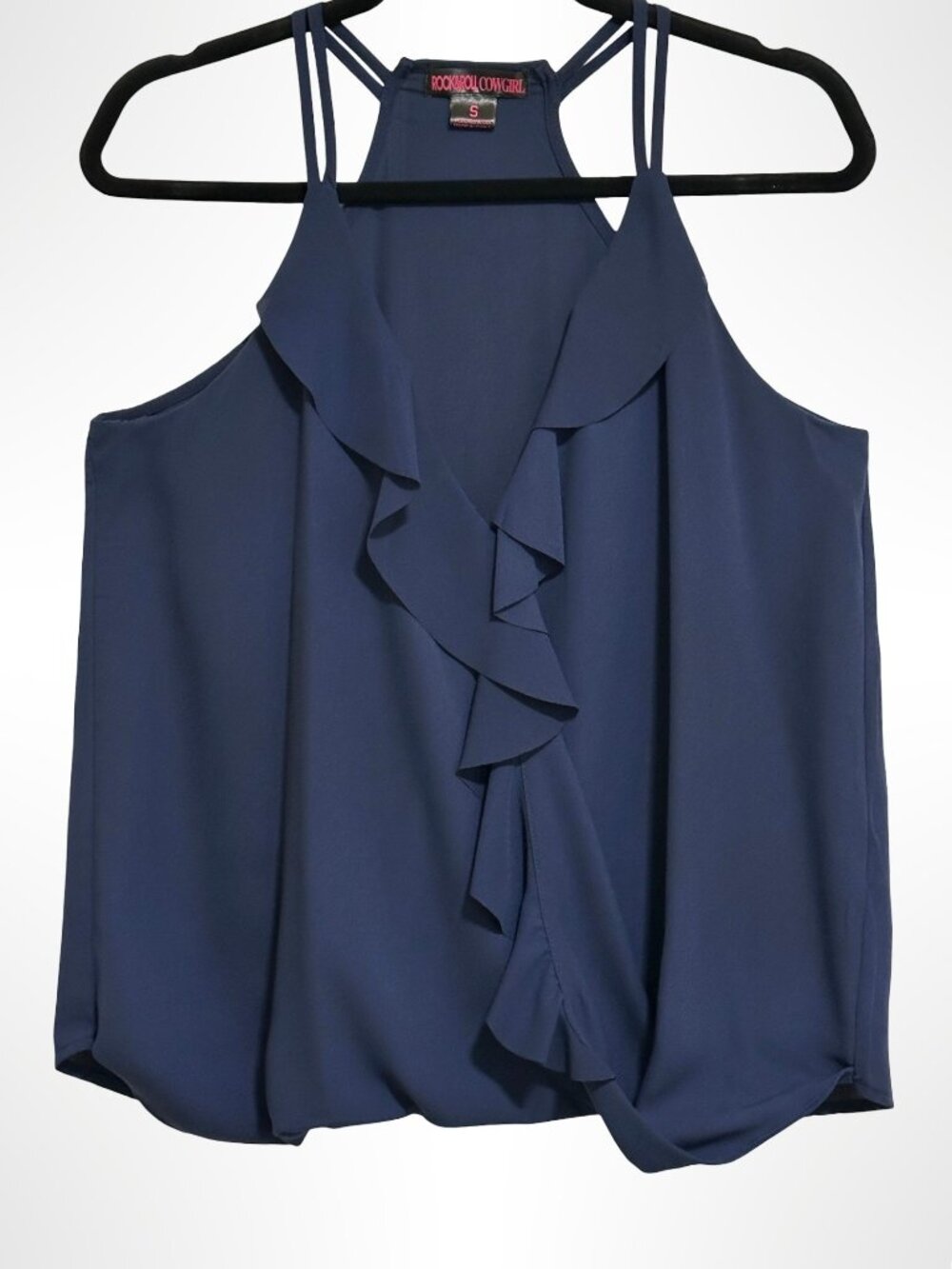 ROCK & ROLL COWGIRL Ruffled Racerback Tank Top Navy Blue Size S